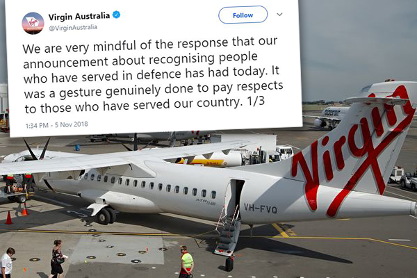 Virgin Australia backing down from ‘cheesy’ decision to honour veterans