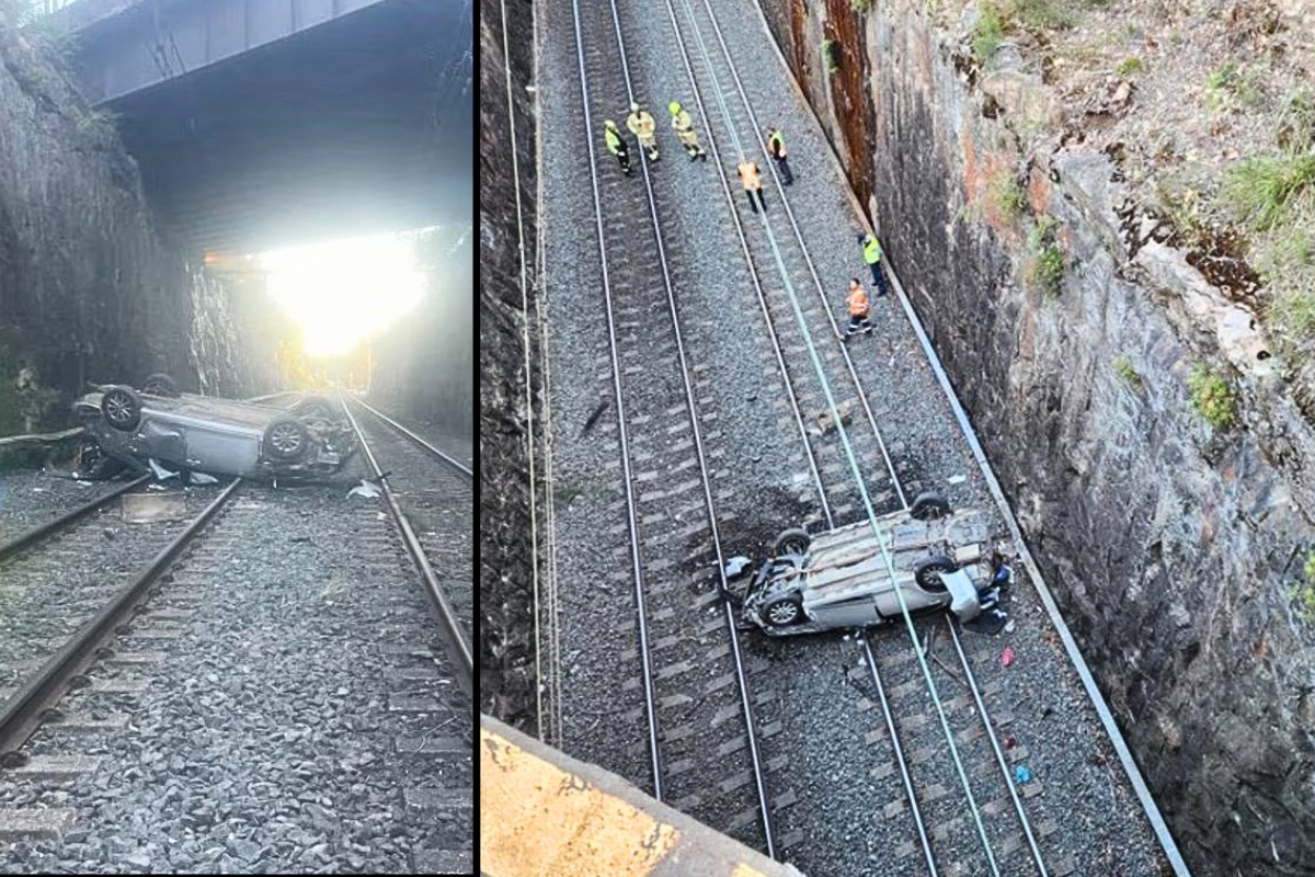 Article image for ‘Big drama’ – Rail services still down after car flips onto tracks
